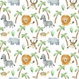 Fototapeta Dziecięca - Watercolor seamless pattern with hand drawn animals. Exotic wallpaper for fabric, wrapping paper