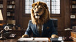 Angry male lion in formal suit in the office room. Generative Ai