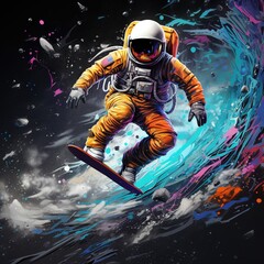an astronaut wearing a hawaiian shirt surfing on the moon