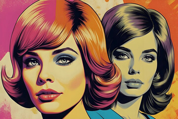 Colorful 1970's Pop Art of Two Beautiful Modern Gay Women Generative AI