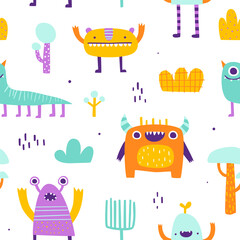 Wall Mural - cute pattern with funny monsters for baby. abstract vector print with naive doodle creatures for kid