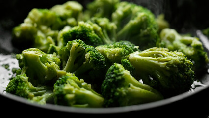 Wall Mural - Fresh broccoli frying on a pan. Healthy food, vegetarian cuisine