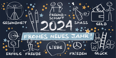 Frohes neues Jahr 2024 - gezeichnete Strichfiguren auf schwarzem Hintergrund - deutscher Text