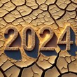 Napis 2024 na suchej, spękanej ziemi. Motyw pogłębiającej się globalnej suszy, ochrony środowiska i zasobów wodnych w nadchodzącym roku