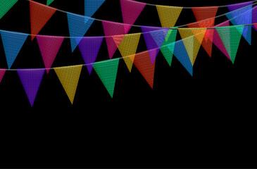 Wall Mural - Birthday bunting garlands with flags made of shredded pieces of fabric. Decorative multicolored party pennants for festival, party celebration.