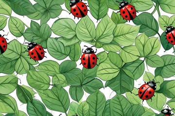 red lady bug on the green leaves with its red and black fur 
green abstract background with green trees and sunshine 