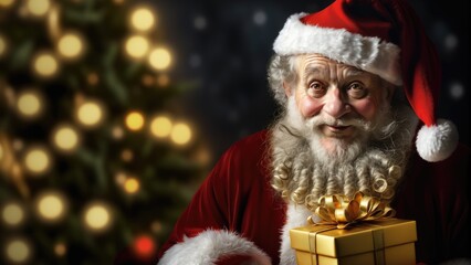 An inviting image of Santa Claus with a warm, friendly smile, offering a golden gift with a festive Christmas tree aglow in the soft, blurred background.