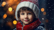 menino com boné de Natal, decorações de Natal em um fundo com neve e árvore de Natal