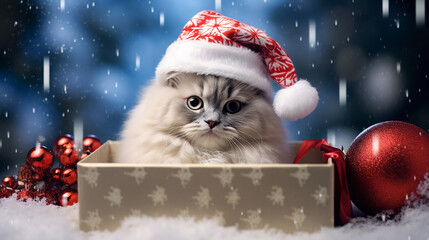 Canvas Print - gato com boné de Natal, decorações de Natal em um fundo com neve e árvore de Natal