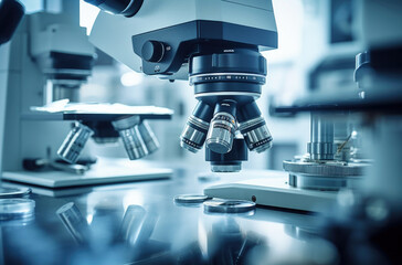 Close up of microscope lenses focused on a specimen in blue light.