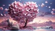 In the vibrant, infrared-lit sky, a delicate sakura tree blossoms with pink flowers, while a heart-shaped object rests gently at its base, evoking feelings of love and the beauty of nature
