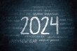 Image of happy new year greeting for 2024 year in different languages in chalkboard background