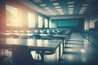 Empty defocused university classroom. Business conference room. Blurred school classroom without students with empty chairs and tables
