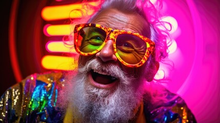 Smiling happy senior man in cool colorful neon outfit. Extravagant style, fashion concept background