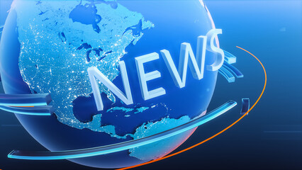 Breaking News Local Television Channel Intro Done with Conceptual 3D Logo Revolving Around Planet. TV News Station Broadcasting Intro of Evening Program. Beginning of the Show Concept.