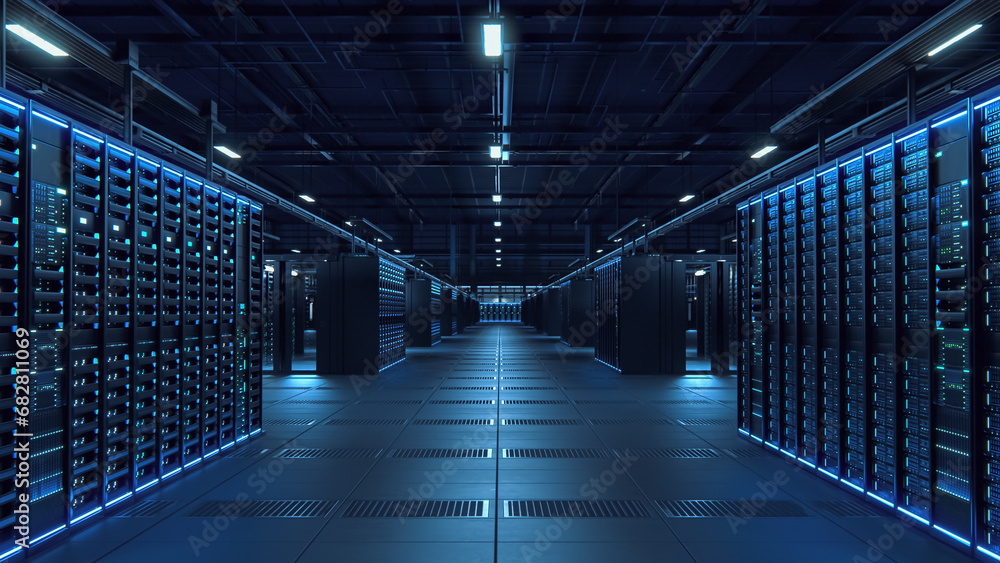 Modern Data Technology Center Server Racks in Dark Room with VFX ...