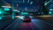 Gameplay of a Racing Simulator Video Game with Interface. Computer Generated 3D Car Driving Fast and Drifting on a Night Highway in a Futuristic Modern City. VFX on Image. Third-Person View.