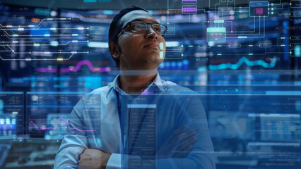 First Person POV Footage of Professional IT Technical Support Specialist or Software Engineer Pushing Augmented Reality Display in a Modern Monitoring Control Room Full of Computers. VFX Image Edit.