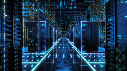 Wall Mural - Data Technology Center Server Racks in Dark Room with VFX. Detailed Visualization Concept of Internet of Things, Data Flow, Digitalization of Internet Traffic. Information Storage Equipment.