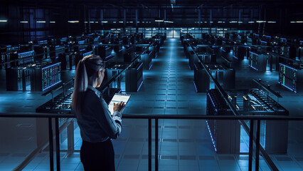 Wall Mural - Female IT Specialist Uses Tablet in Data Center. Server Farm Cloud Computing Facility with Maintenance Administrator Working. Cyber Security Engineer Working in Personal Network Protection.