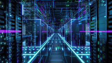 Fototapete - Data Technology Center Server Racks in Dark Room with VFX. Detailed Visualization Concept of Internet of Things, Data Flow, Digitalization of Online Traffic. High Tech Information Equipment.