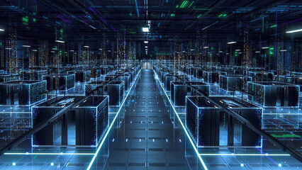 Big Data Technology Center Server Racks in Dark Room with VFX. Futuristic Visualization Concept of Internet of Things, Data Flow, Digitalization of Traffic. Information Equipment in Warehouse