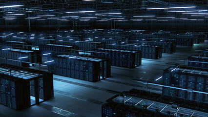 Fototapete - Modern Data Technology Center Server Racks Working in Dark Room. Concept of Internet of Things, Big Data Protection, Storage, Cryptocurrency Farm, Cloud Computing. 3D Computer Graphics.
