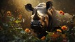 rhinoceros in the forest, behind a flowering bush, World Wildlife Conservation Day, banner