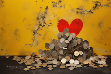 Love and money. Couple finances. Heart, coins and bills: concept of the price of love in a visual metaphor.