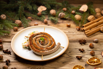 Wall Mural - Christmas wine sausage served with potato salad