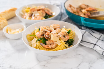 Wall Mural - Garlic Shrimp Pasta with Spinach