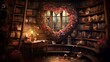 A corner with a heart-shaped bookshelf filled with romantic novels and poetry collections.