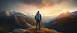 Young man with backpack back view standing on rock and looking at beautiful landscape. AI generated image