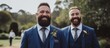 Handsome couple bearded groom and groomsman smiling at outdoors background