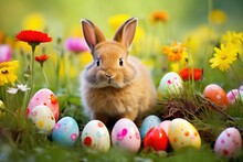 Easter Bunny And Colorful Eggs On Green Grass With Flowers Background.