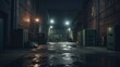 Spooky urban alleyway with vintage warehouse entrance and grimy dumpsters at night