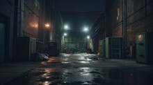 Spooky urban alleyway with vintage warehouse entrance and grimy dumpsters at night
