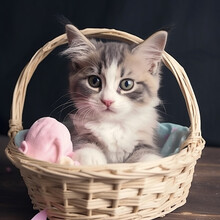 Adorable Kitten Inside An Basket, A Cat Resting In A Woven Straw Basket With Pink And Blue Blankets