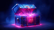 Magic open chest on a dark background. Neon glow, particles. Mystical light