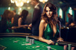 Casino, beautiful young girl in a green dress. Banner concept for casino, poker, gambling, croupier, website header, gambling, luxury style, baccarat. Casino winning poster