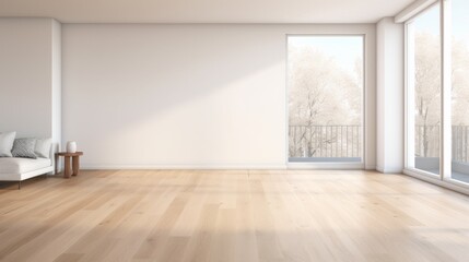Interior of modern minimalist living room. White empty walls, hardwood floor, white sofa, wooden coffee table, large floor-to-ceiling windows. Mock up.