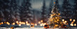 Christmas tree with illumination and snow blurred background, banner, copy space
