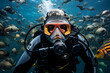 An Asian male scuba diver in the underwater diving while wearing proper suit and oxygen mask cover his mouth with stuff having bubbles in the  water and there are some fishes at the background