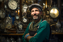 A Clock Maker Asian Adult Man Wearing Soft Cap With Beautiful Smile On Face Have Some Clocks Hanging On The Wall For Repairng