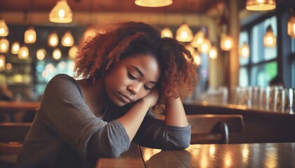 sad lonely woman sitting on a bench in cafe