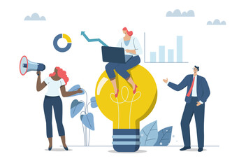 Wall Mural - Creativity and inspiration lead to successful teamwork, Ideas about innovation and how to create opportunities for companies to grow and prosper, Team of businessmen working with big idea light bulb.