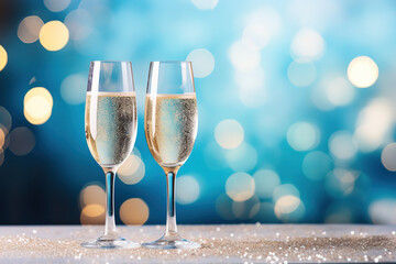 two glasses of champagne with bokeh