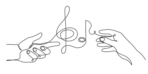 Wall Mural - Hands hold musical treble clef and note one line art, hand drawn continuous contour. Artistic creative concept, minimalist outline design. Editable stroke. Isolated. Vector illustration