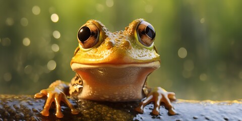 Wall Mural - Portrait of smiling frog in the nature, a tailless amphibian with a short squat body, moist smooth skin, and very long hind legs for leaping