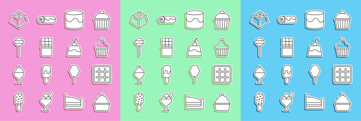 Wall Mural - Set line Cake, Waffle, Chocolate bar, Lollipop, Brownie chocolate cake and Pudding custard icon. Vector